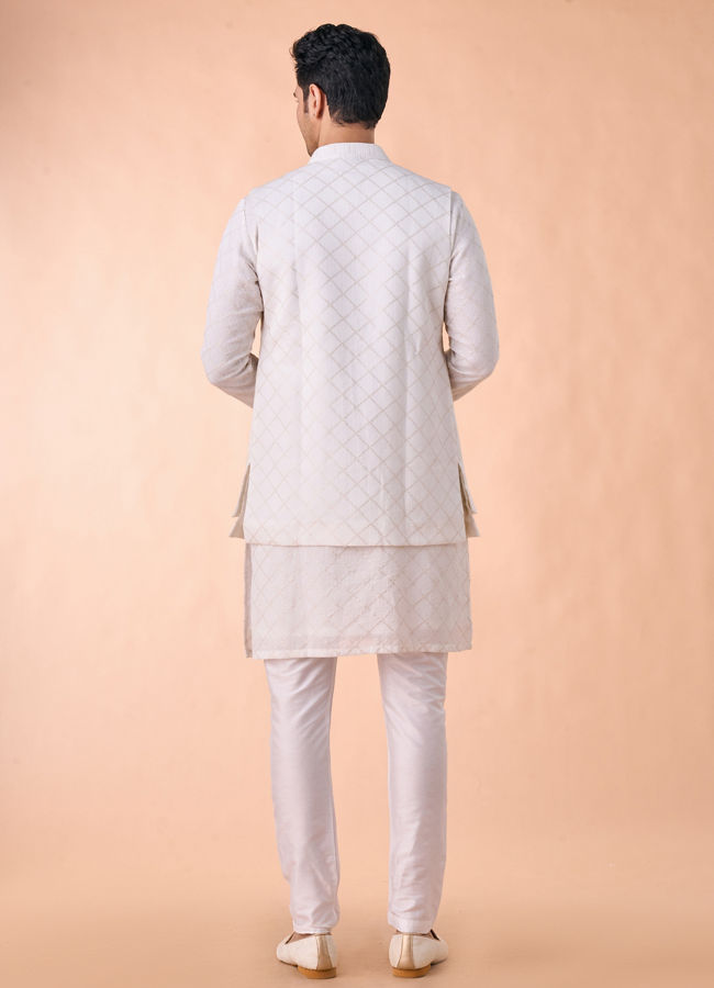 Manyavar Men Cream Georgette Elegance Kurta Jacket Set