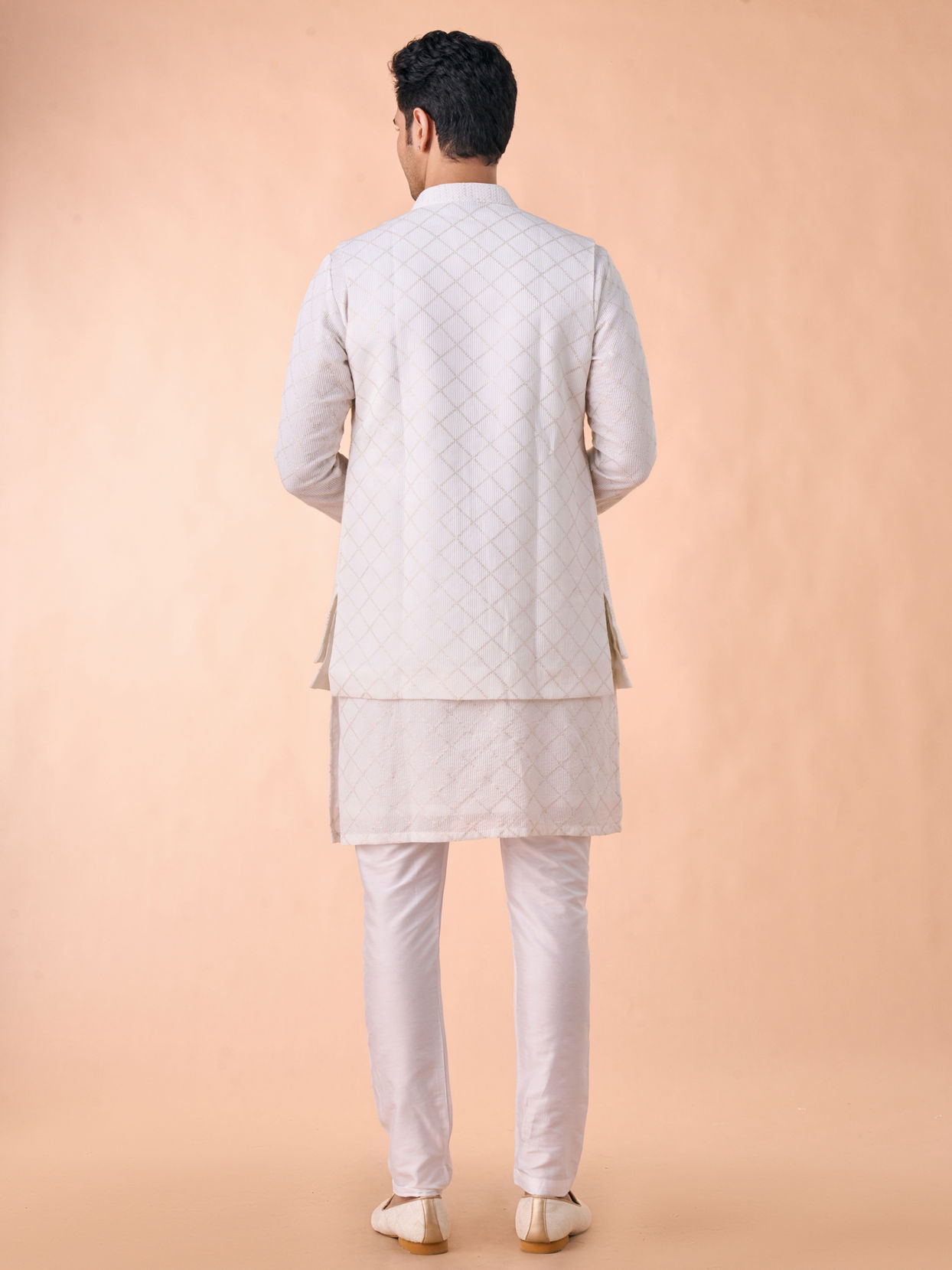 Manyavar Men Cream Georgette Elegance Kurta Jacket Set