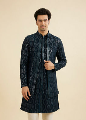 Manyavar Men Teal Blue Georgette Kurta Jacket Set