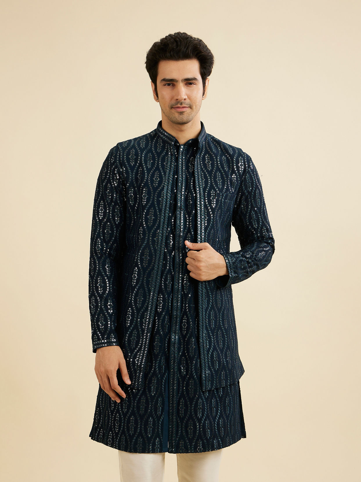 Manyavar Men Teal Blue Georgette Kurta Jacket Set