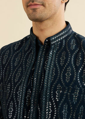 Manyavar Men Teal Blue Georgette Kurta Jacket Set