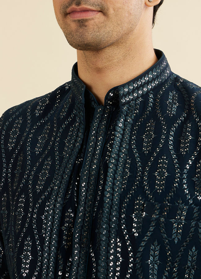 Manyavar Men Teal Blue Georgette Kurta Jacket Set