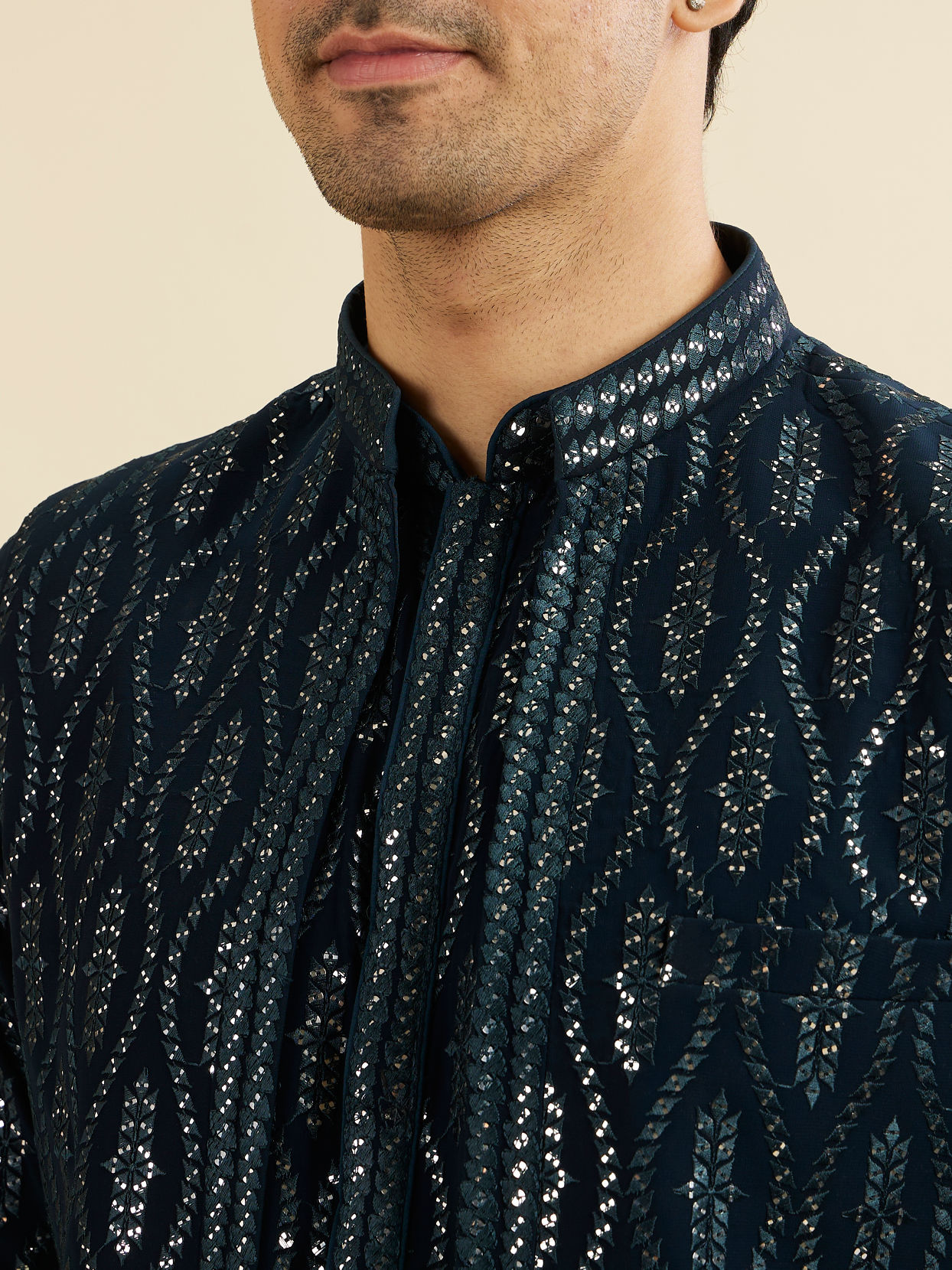 Manyavar Men Teal Blue Georgette Kurta Jacket Set