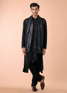Manyavar Men Black Elegance Georgette Satin Kurta Jacket Set
