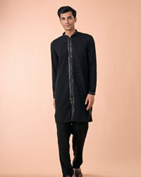 Manyavar Men Black Elegance Georgette Satin Kurta Jacket Set
