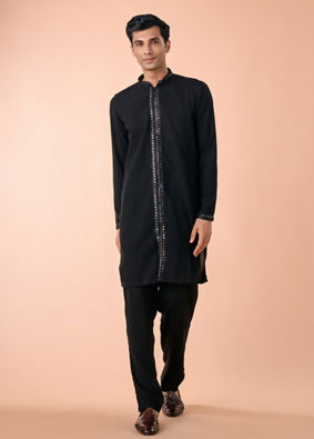 Manyavar Men Black Elegance Georgette Satin Kurta Jacket Set