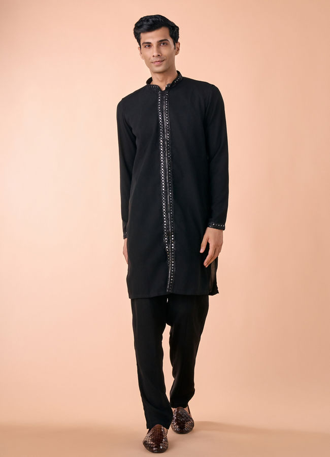 Manyavar Men Black Elegance Georgette Satin Kurta Jacket Set