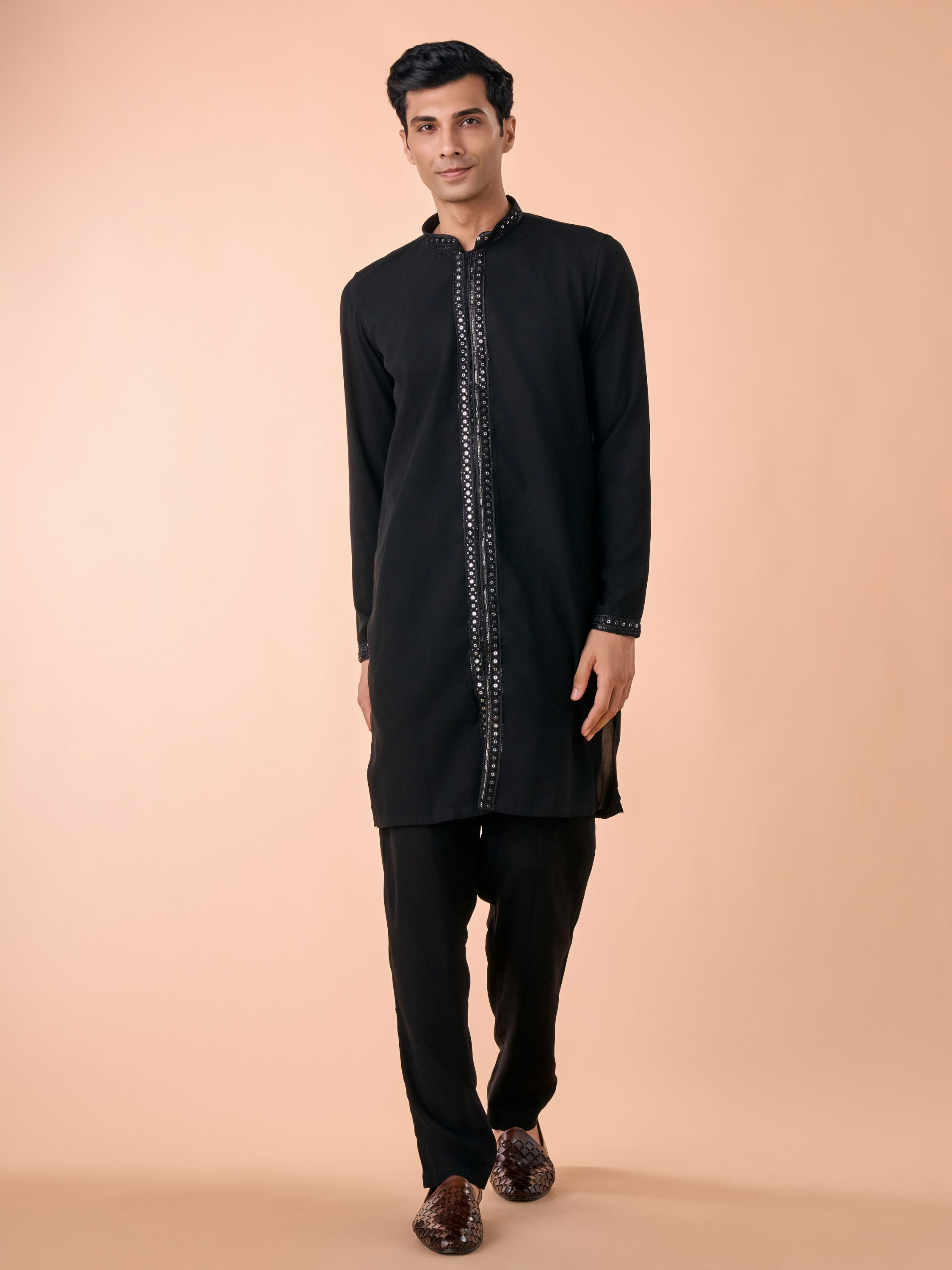 Manyavar Men Black Elegance Georgette Satin Kurta Jacket Set