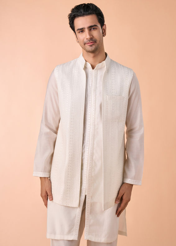 Manyavar Men Ethereal Cream Kurta Jacket Set