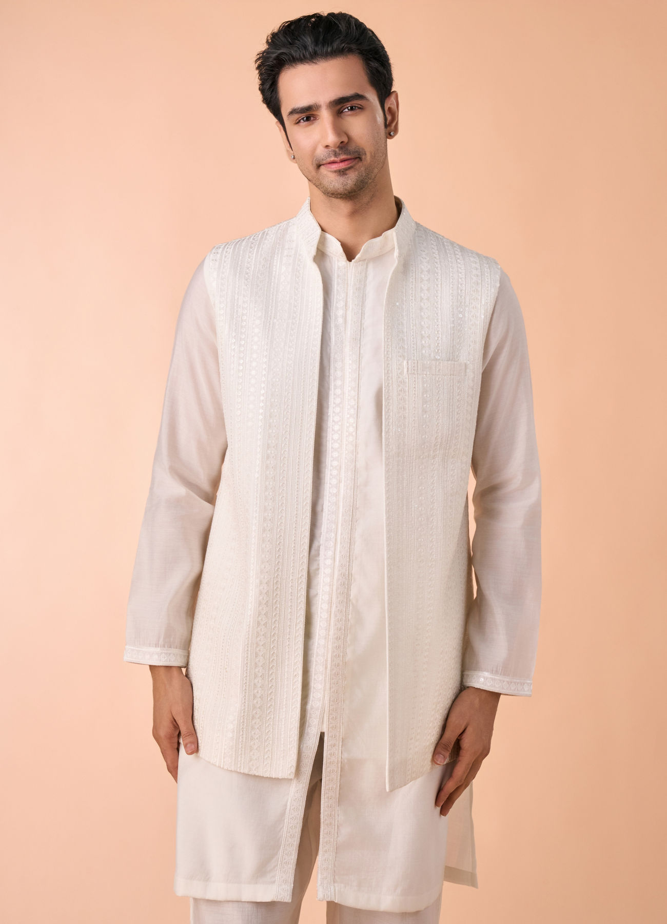 Manyavar Men Ethereal Cream Kurta Jacket Set