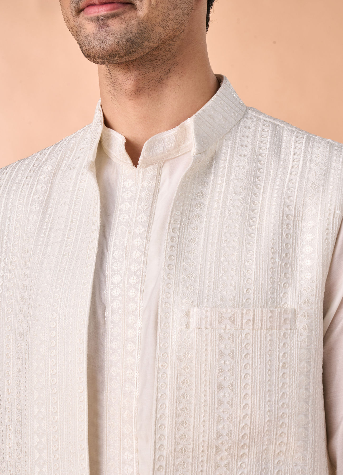Manyavar Men Ethereal Cream Kurta Jacket Set