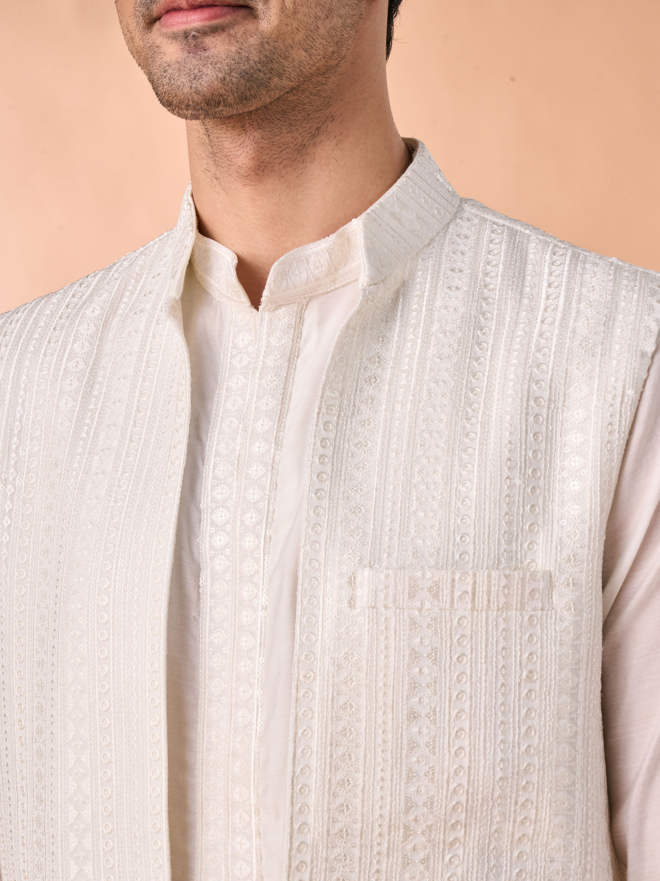 Manyavar Men Ethereal Cream Kurta Jacket Set