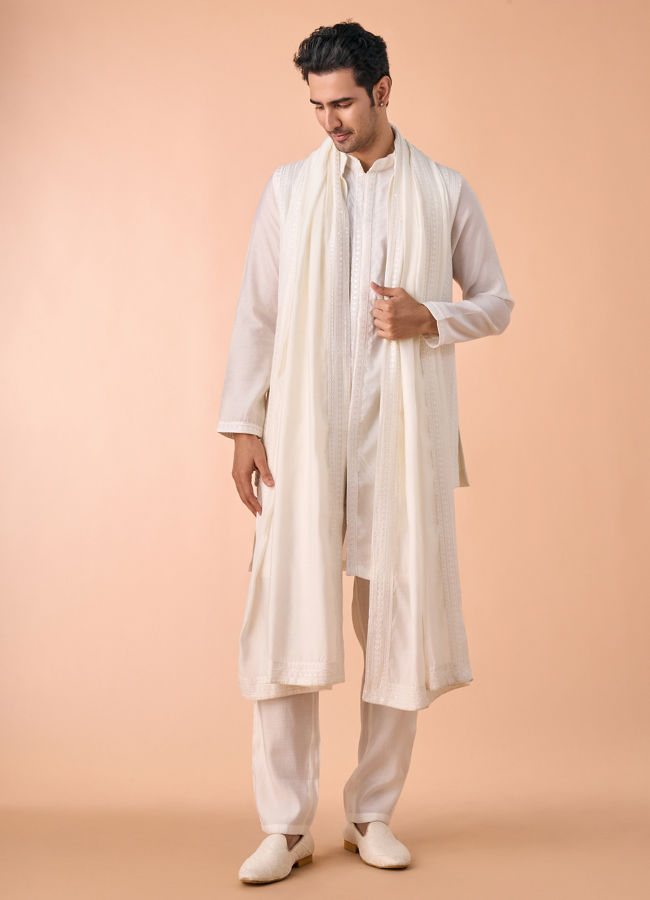 Manyavar Men Ethereal Cream Kurta Jacket Set