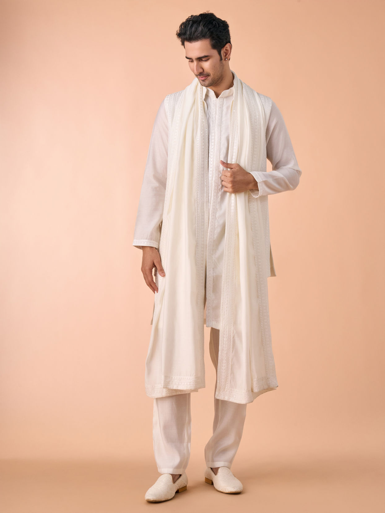 Manyavar Men Ethereal Cream Kurta Jacket Set