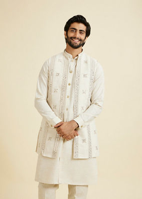 Manyavar Men Natural Kurta Jacket Ensemble Set