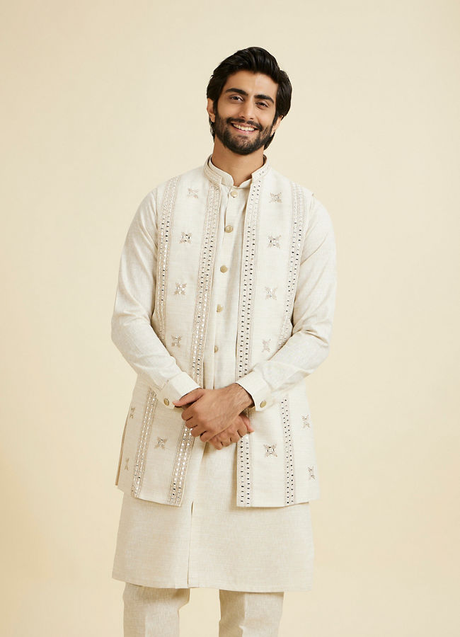 Manyavar Men Natural Kurta Jacket Ensemble Set