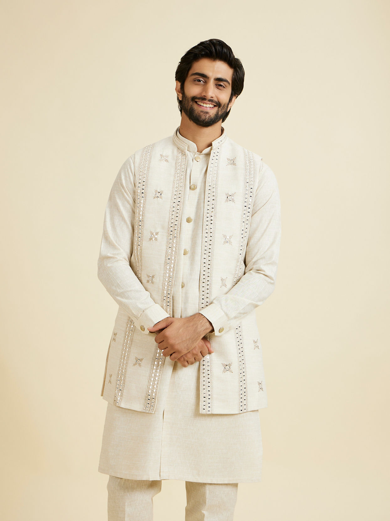 Manyavar Men Natural Kurta Jacket Ensemble Set