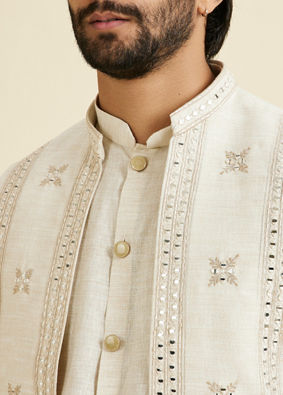 Manyavar Men Natural Kurta Jacket Ensemble Set
