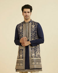 Manyavar Men Elegant Dark Blue Ensemble Kurta Jacket Set