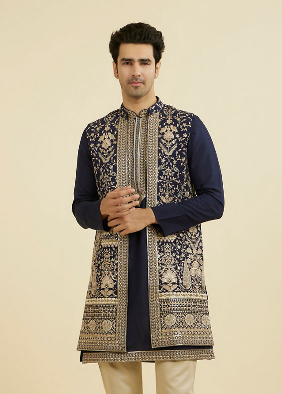 Manyavar Men Elegant Dark Blue Ensemble Kurta Jacket Set