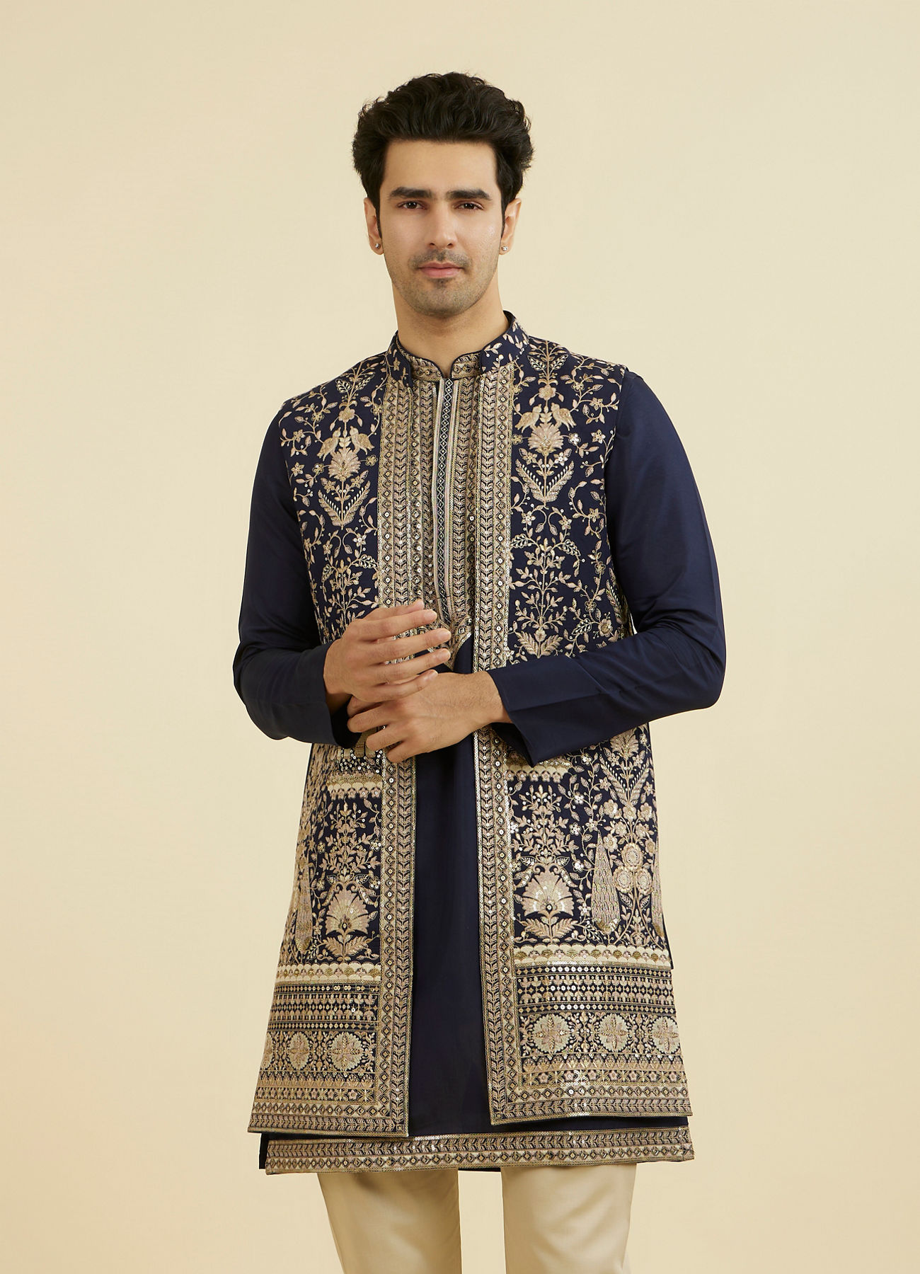Manyavar Men Elegant Dark Blue Ensemble Kurta Jacket Set