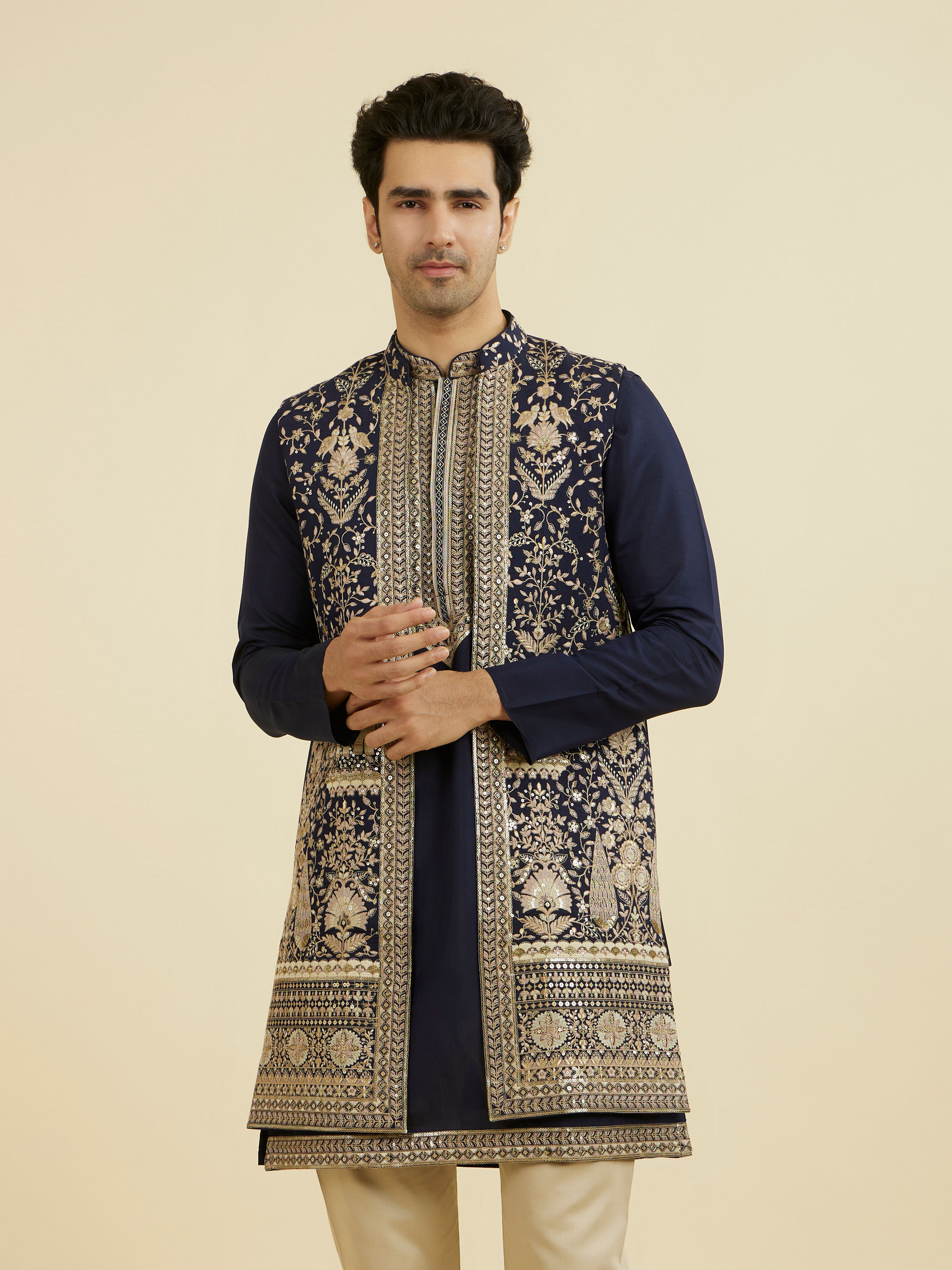 Manyavar Men Elegant Dark Blue Ensemble Kurta Jacket Set