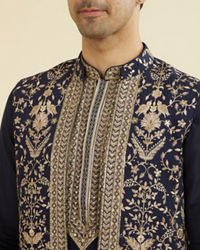 Manyavar Men Elegant Dark Blue Ensemble Kurta Jacket Set