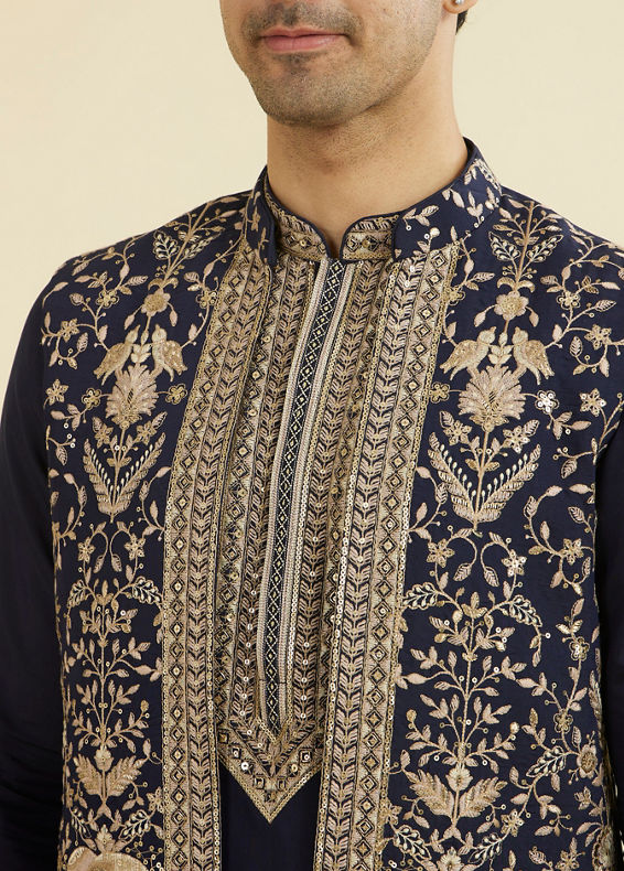 Manyavar Men Elegant Dark Blue Ensemble Kurta Jacket Set