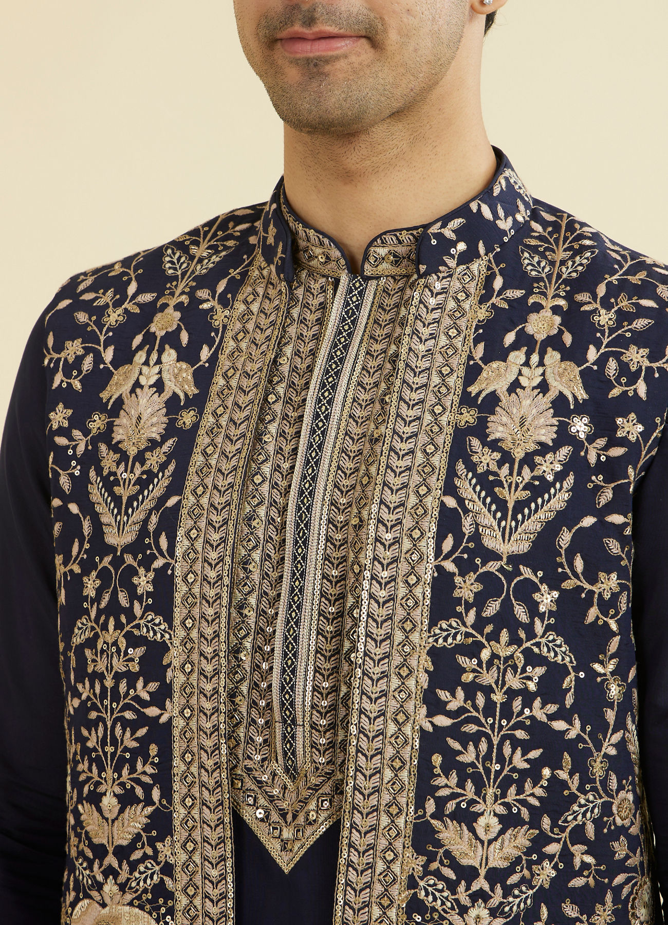 Manyavar Men Elegant Dark Blue Ensemble Kurta Jacket Set