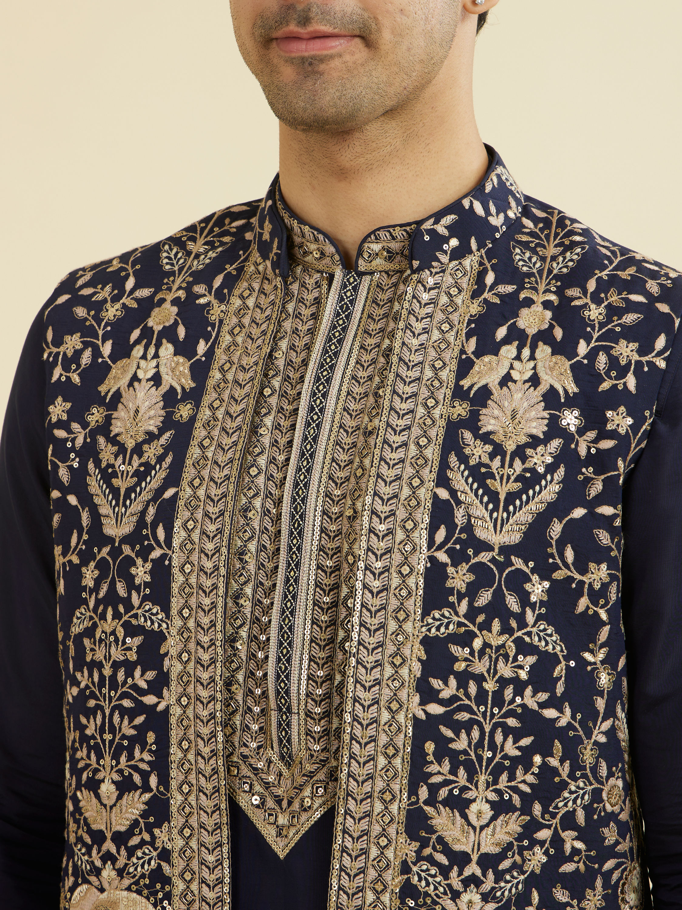 Manyavar Men Elegant Dark Blue Ensemble Kurta Jacket Set