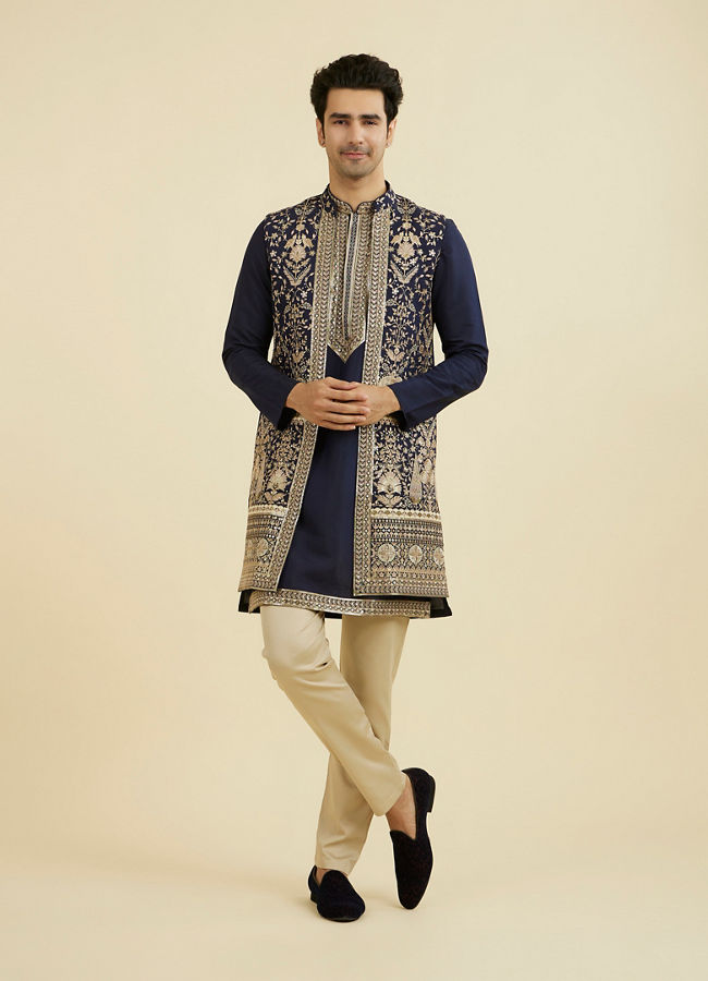 Manyavar Men Elegant Dark Blue Ensemble Kurta Jacket Set