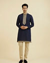Manyavar Men Elegant Dark Blue Ensemble Kurta Jacket Set