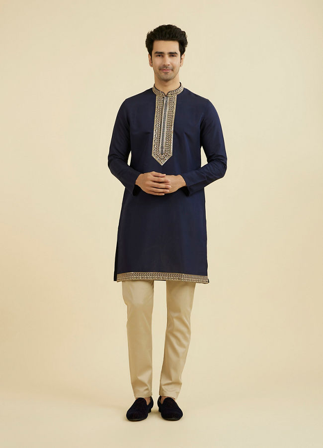 Manyavar Men Elegant Dark Blue Ensemble Kurta Jacket Set