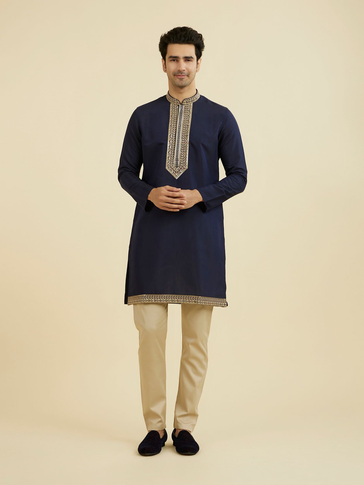 Manyavar Men Elegant Dark Blue Ensemble Kurta Jacket Set