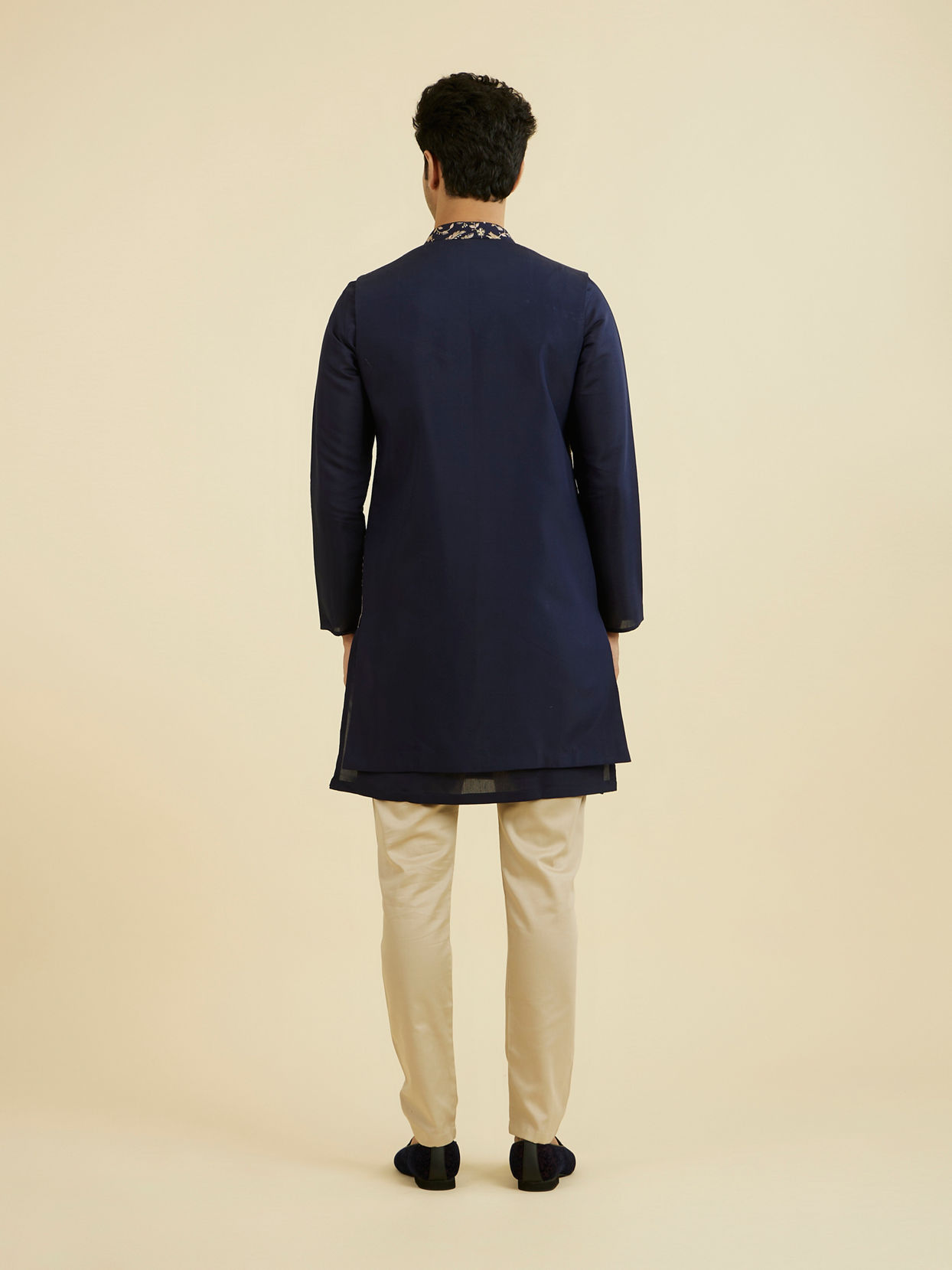 Manyavar Men Elegant Dark Blue Ensemble Kurta Jacket Set