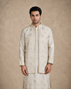 Manyavar Men Cream Silk Kurta Jacket Set with Thread Embroidery