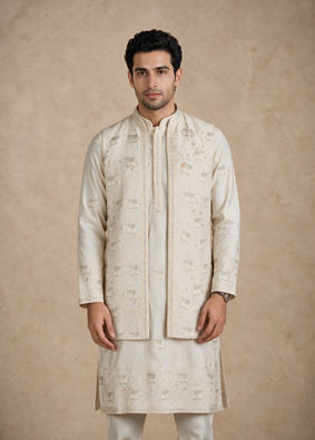Manyavar Men Cream Silk Kurta Jacket Set with Thread Embroidery