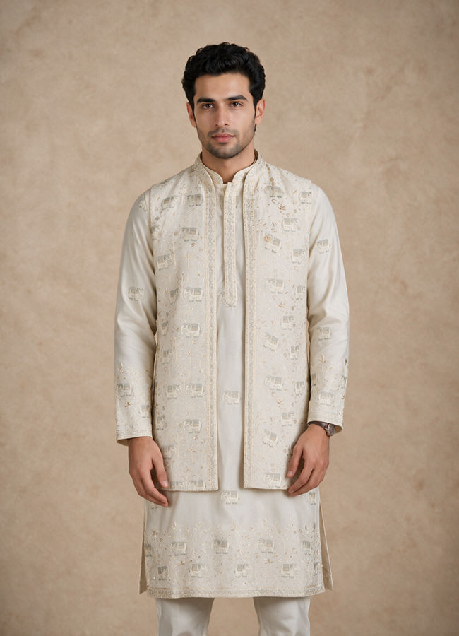 Manyavar Men Cream Silk Kurta Jacket Set with Thread Embroidery