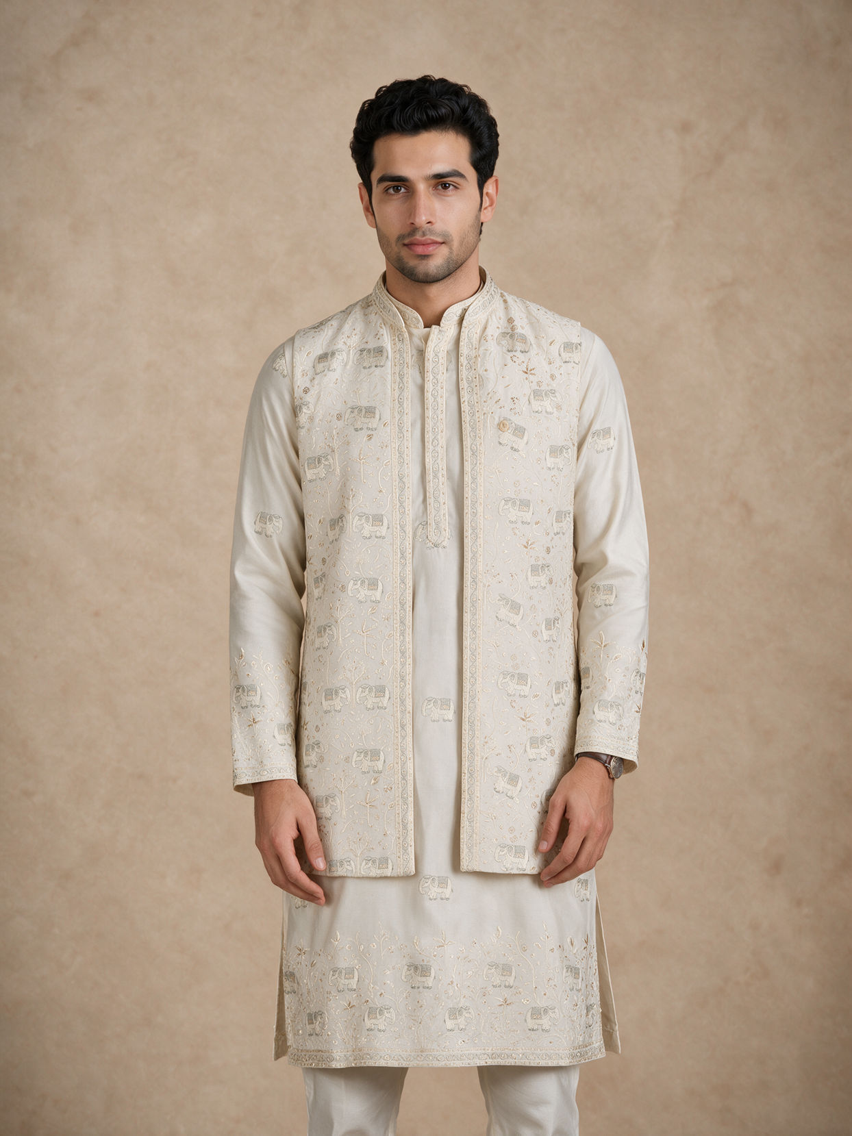 Manyavar Men Cream Silk Kurta Jacket Set with Thread Embroidery