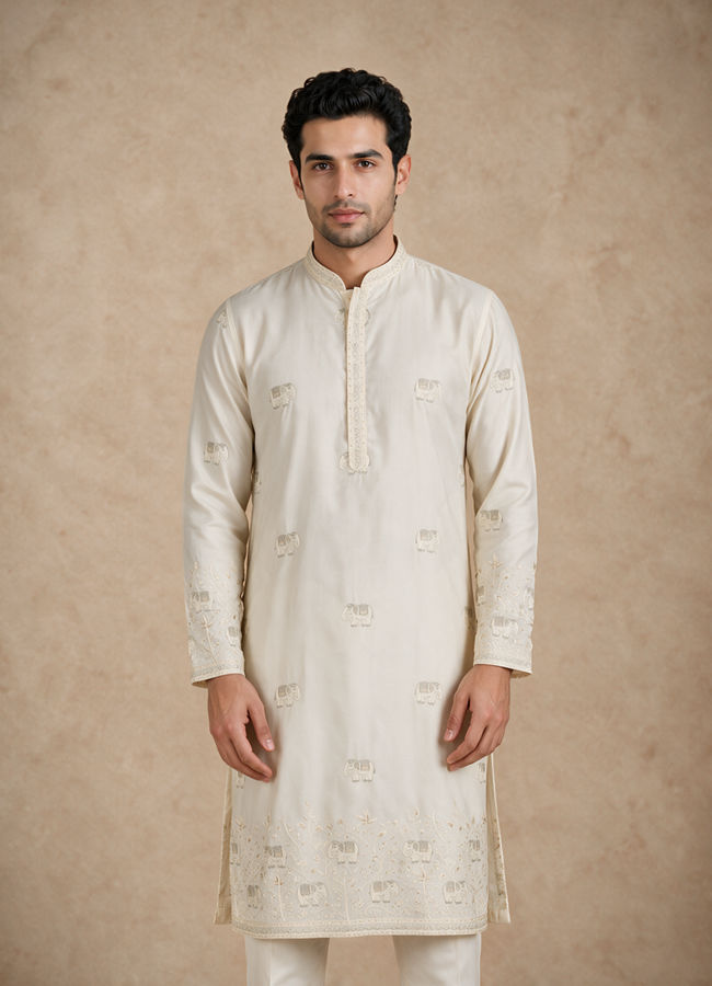 Manyavar Men Cream Silk Kurta Jacket Set with Thread Embroidery