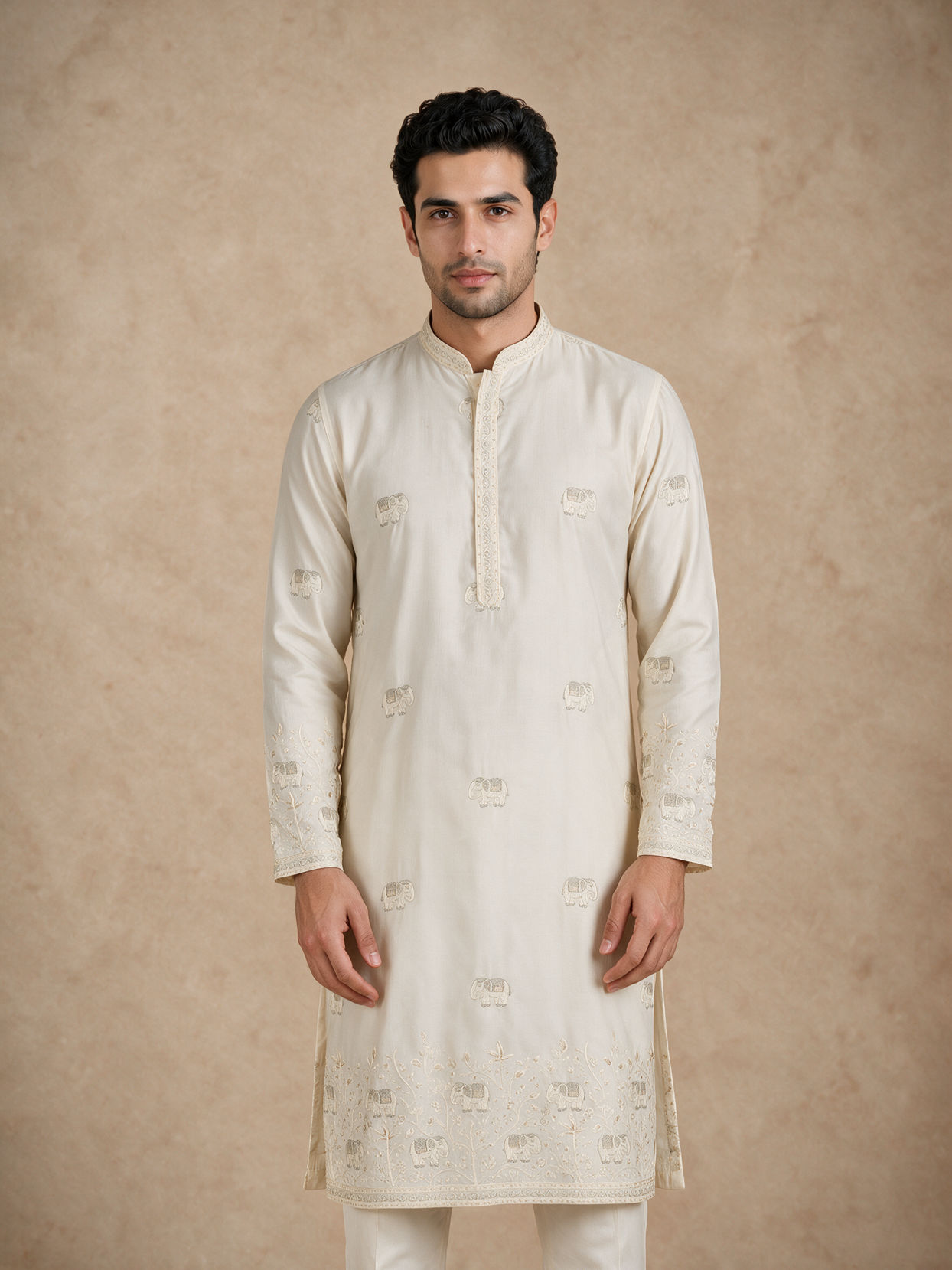 Manyavar Men Cream Silk Kurta Jacket Set with Thread Embroidery