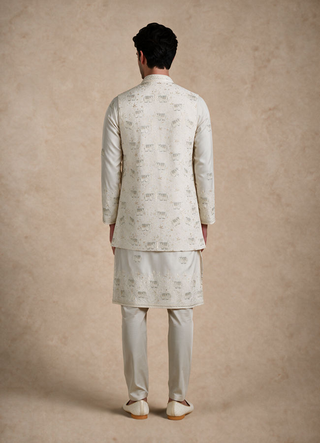 Manyavar Men Cream Silk Kurta Jacket Set with Thread Embroidery