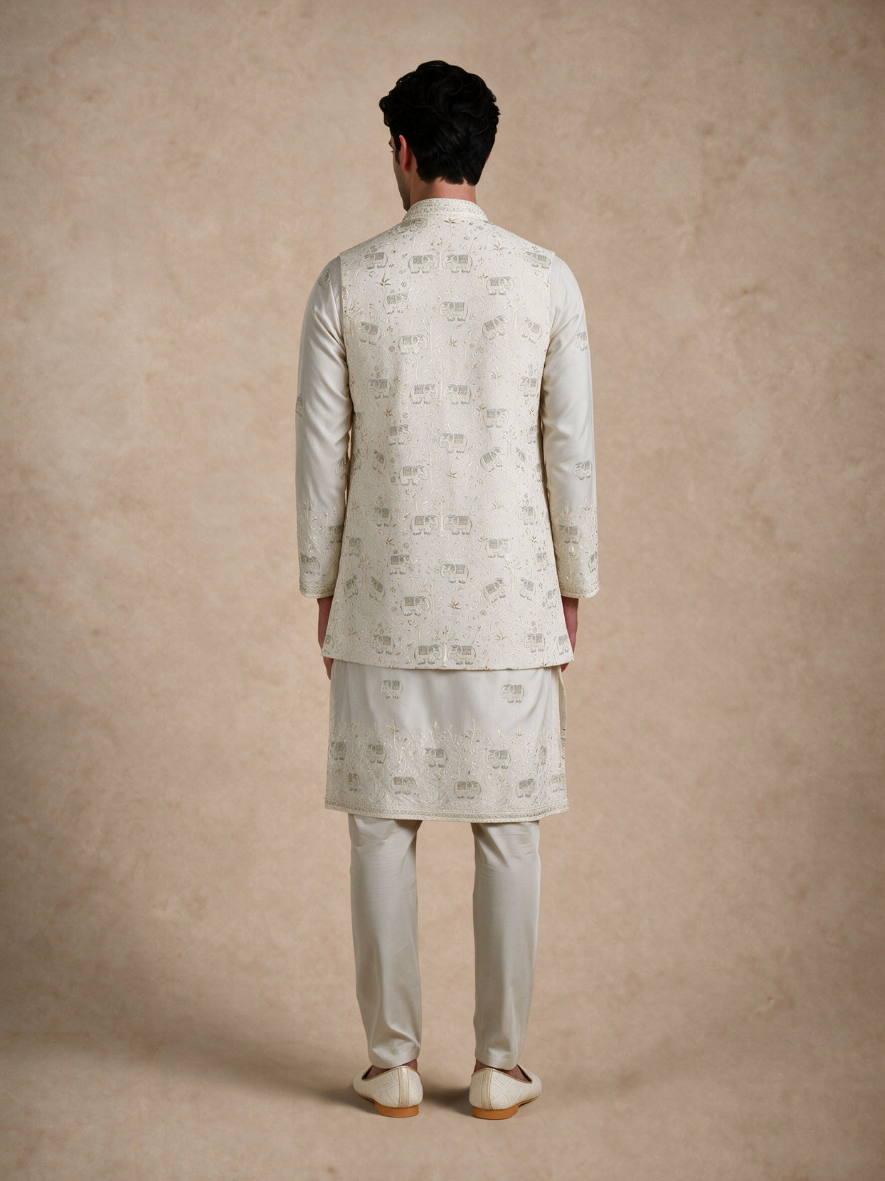 Manyavar Men Cream Silk Kurta Jacket Set with Thread Embroidery