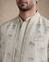 Manyavar Men Cream Silk Kurta Jacket Set with Thread Embroidery