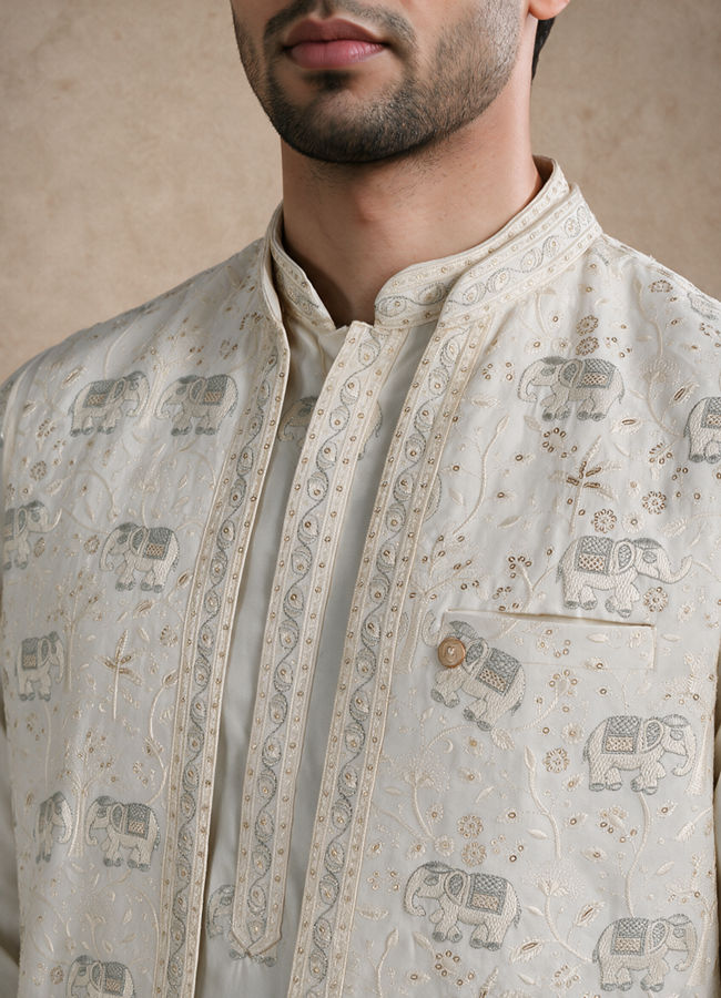 Manyavar Men Cream Silk Kurta Jacket Set with Thread Embroidery