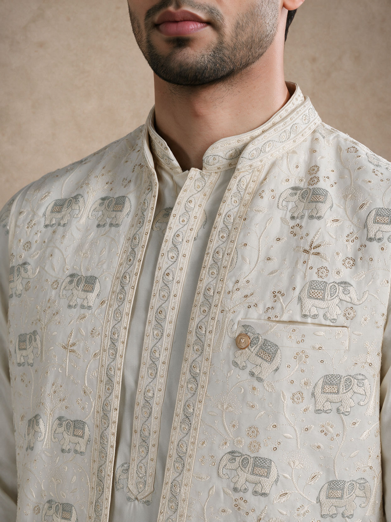 Manyavar Men Cream Silk Kurta Jacket Set with Thread Embroidery
