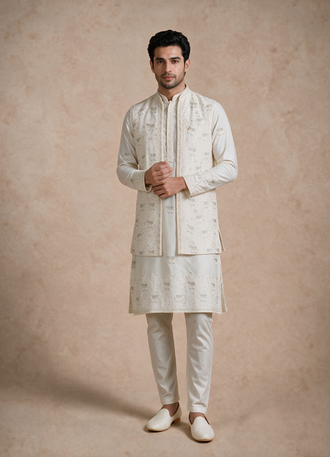 Manyavar Men Cream Silk Kurta Jacket Set with Thread Embroidery