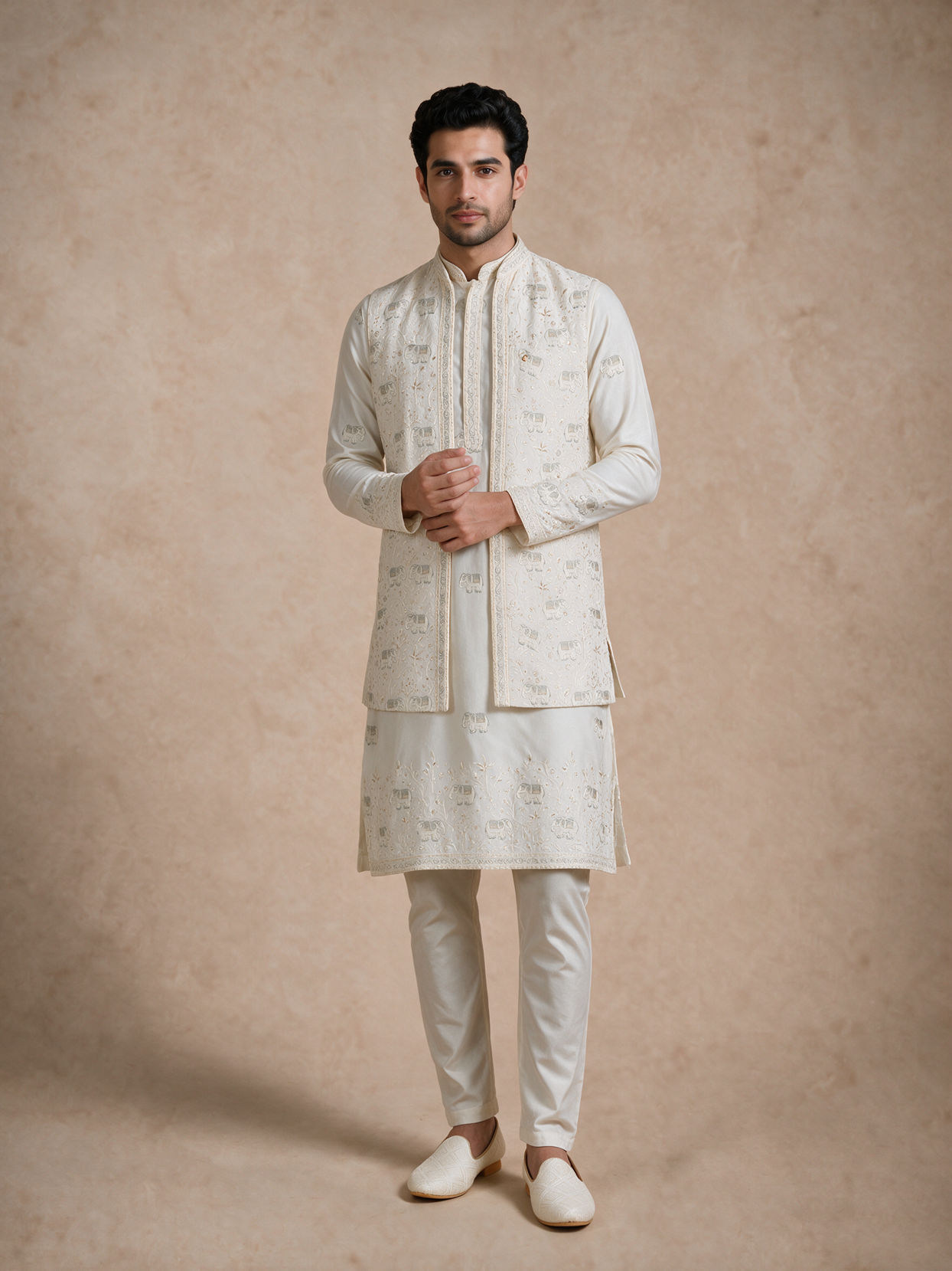 Manyavar Men Cream Silk Kurta Jacket Set with Thread Embroidery