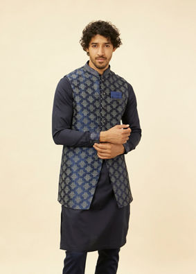 alt message - Manyavar Men Navy Blue Imperial Jaal Patterned Kurta Jacket Set image number 0