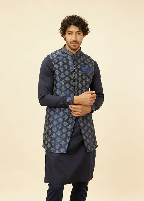 Manyavar Men Navy Blue Imperial Jaal Patterned Kurta Jacket Set